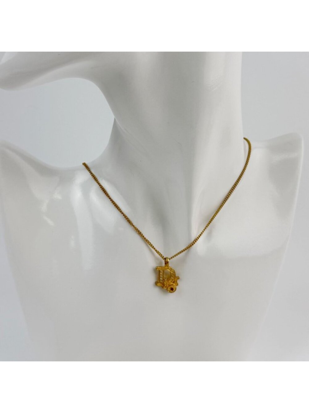 Dior Logo Rhinestone Necklace Plated Gold Clear Vintage